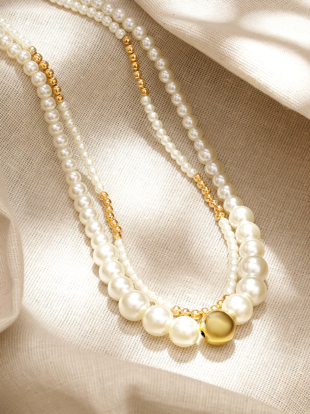 【Rubans】 Gold & Pearl Beaded Dual Layered Necklace｜18K ゴールドメッキ 2連 ホワイトパール ゴールドビーズ ネックレス