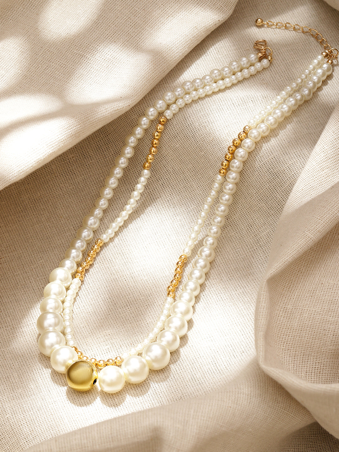 【Rubans】 Gold & Pearl Beaded Dual Layered Necklace｜18K ゴールドメッキ 2連 ホワイトパール ゴールドビーズ ネックレス