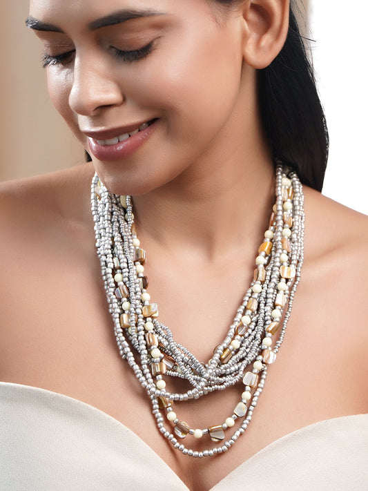 Bold Silver Beaded Multilayer Statement Necklace フリーサイズ