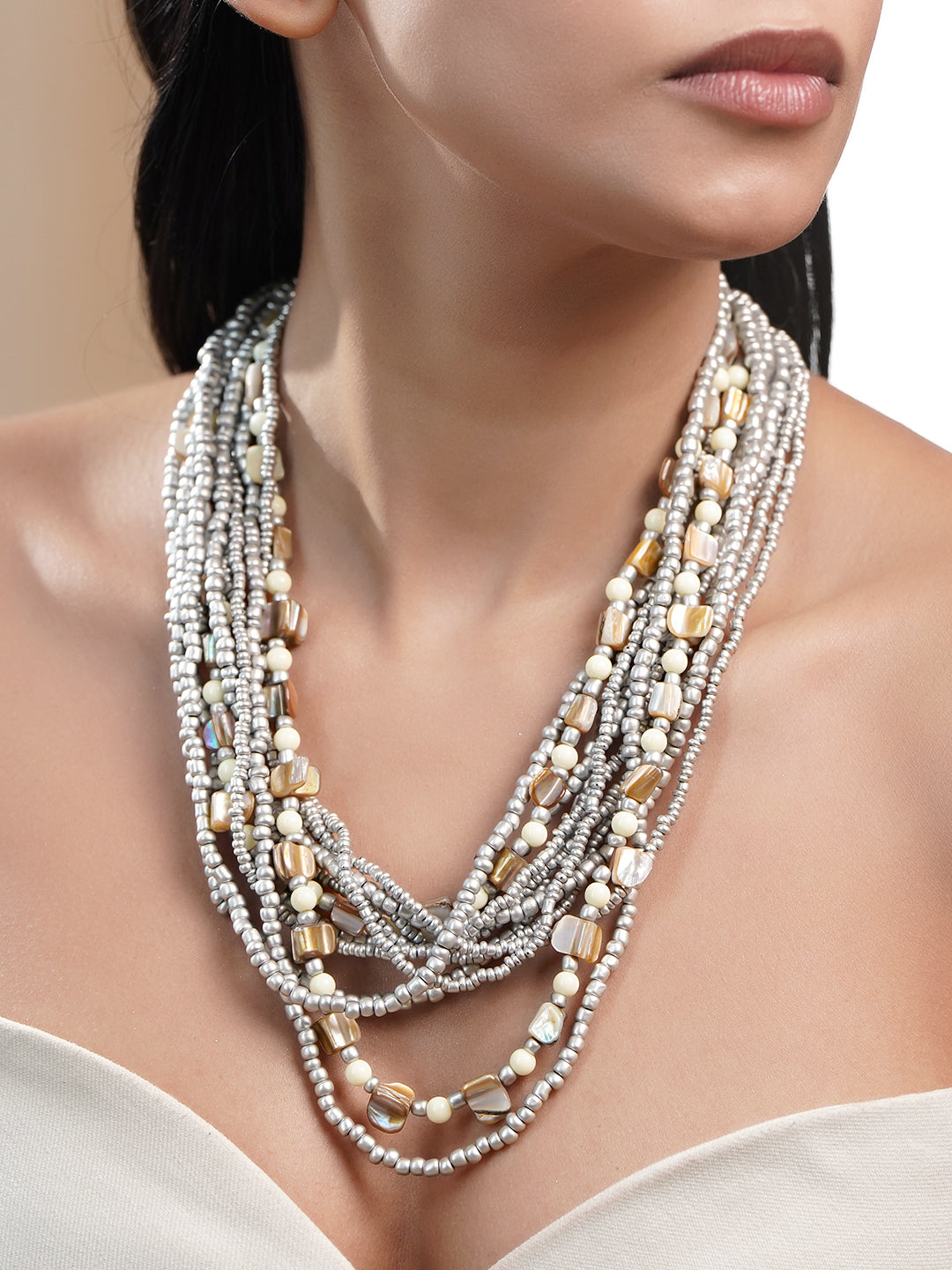 Bold Silver Beaded Multilayer Statement Necklace フリーサイズ