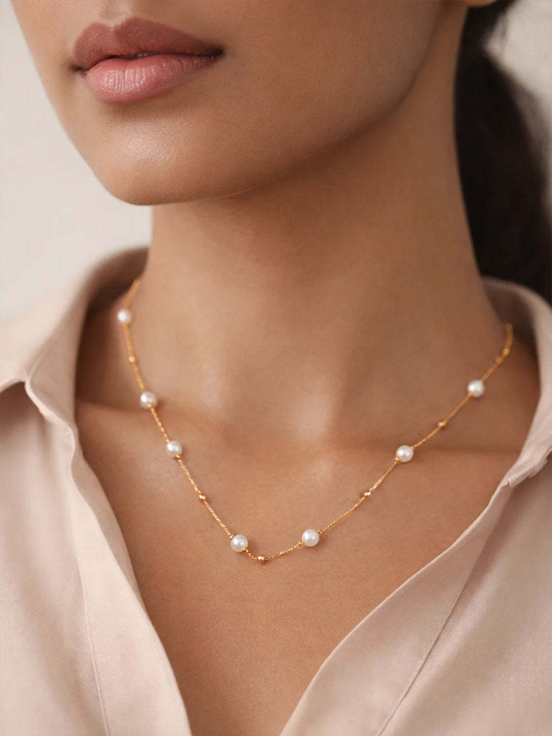 Demi Fine 18K Gold Plated Stainless steel Pearl Beaded Chain Necklace Length - 19 cm