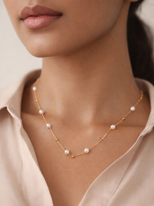 Demi Fine 18K Gold Plated Stainless steel Pearl Beaded Chain Necklace Length - 19 cm