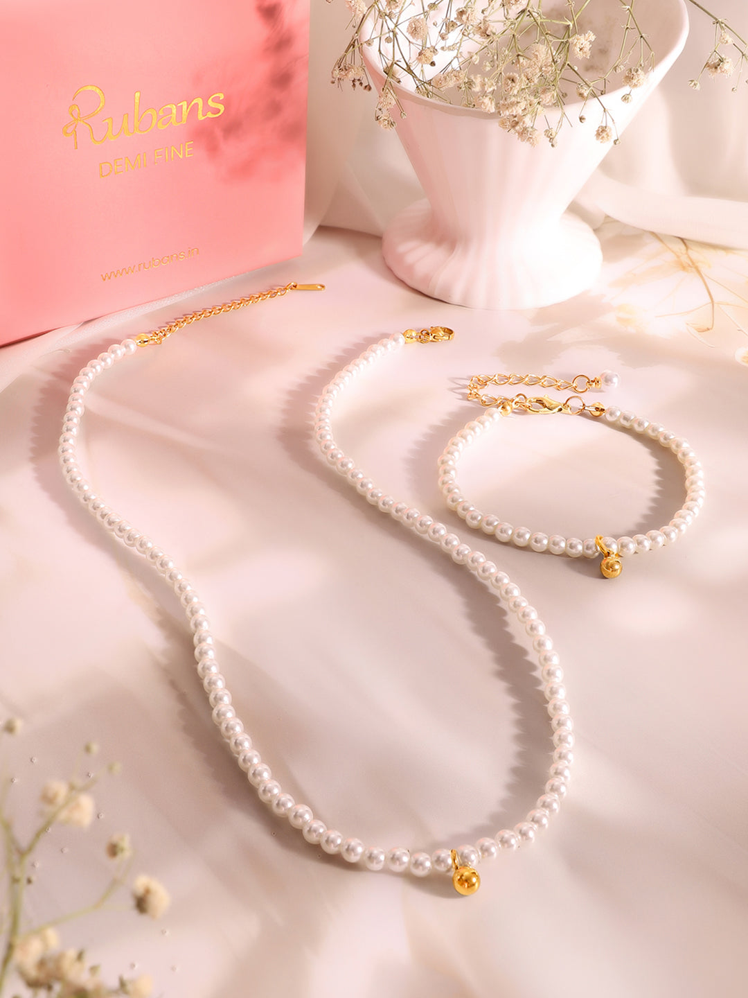 Demi Fine 18K Gold Plated Stainless Steel Pearl Beaded Chain & Bracelet Set フリーサイズ