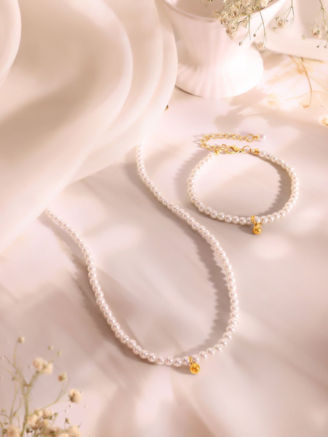 Demi Fine 18K Gold Plated Stainless Steel Pearl Beaded Chain & Bracelet Set フリーサイズ