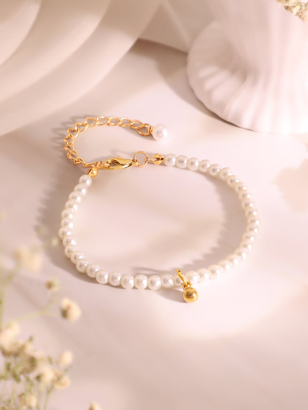 Demi Fine 18K Gold Plated Stainless Steel Pearl Beaded Chain & Bracelet Set フリーサイズ