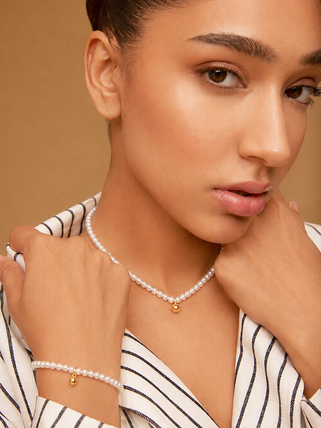 Demi Fine 18K Gold Plated Stainless Steel Pearl Beaded Chain & Bracelet Set フリーサイズ