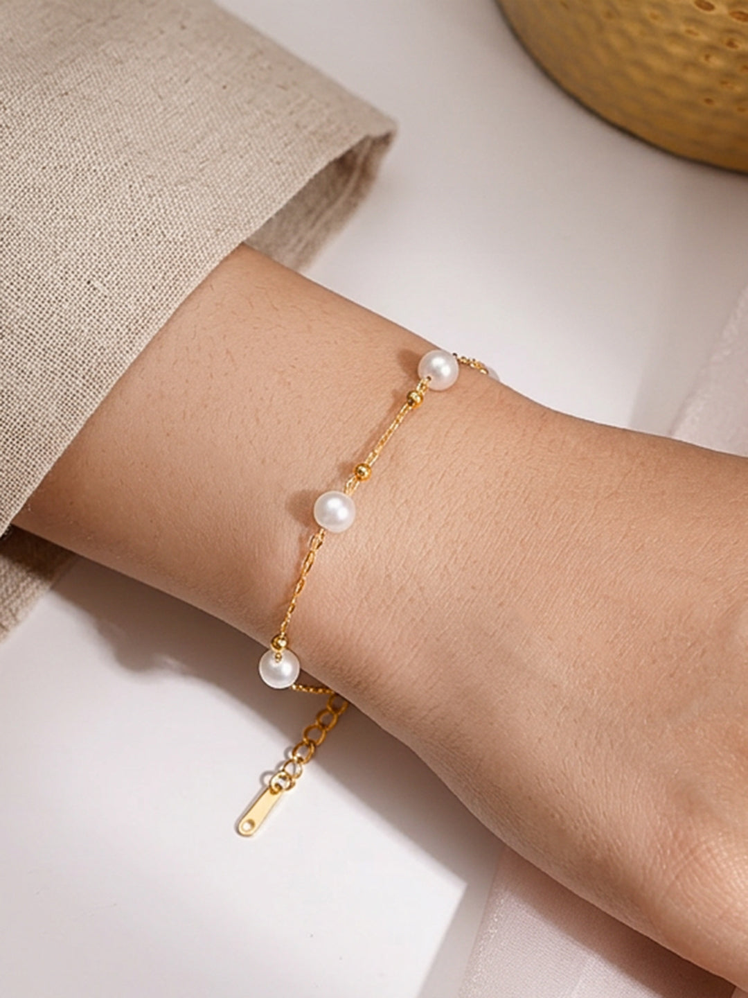 Demi Fine 18K Gold Plated Stainless steel Pearl Beaded Chain Bracelet Length - 8.3 cm