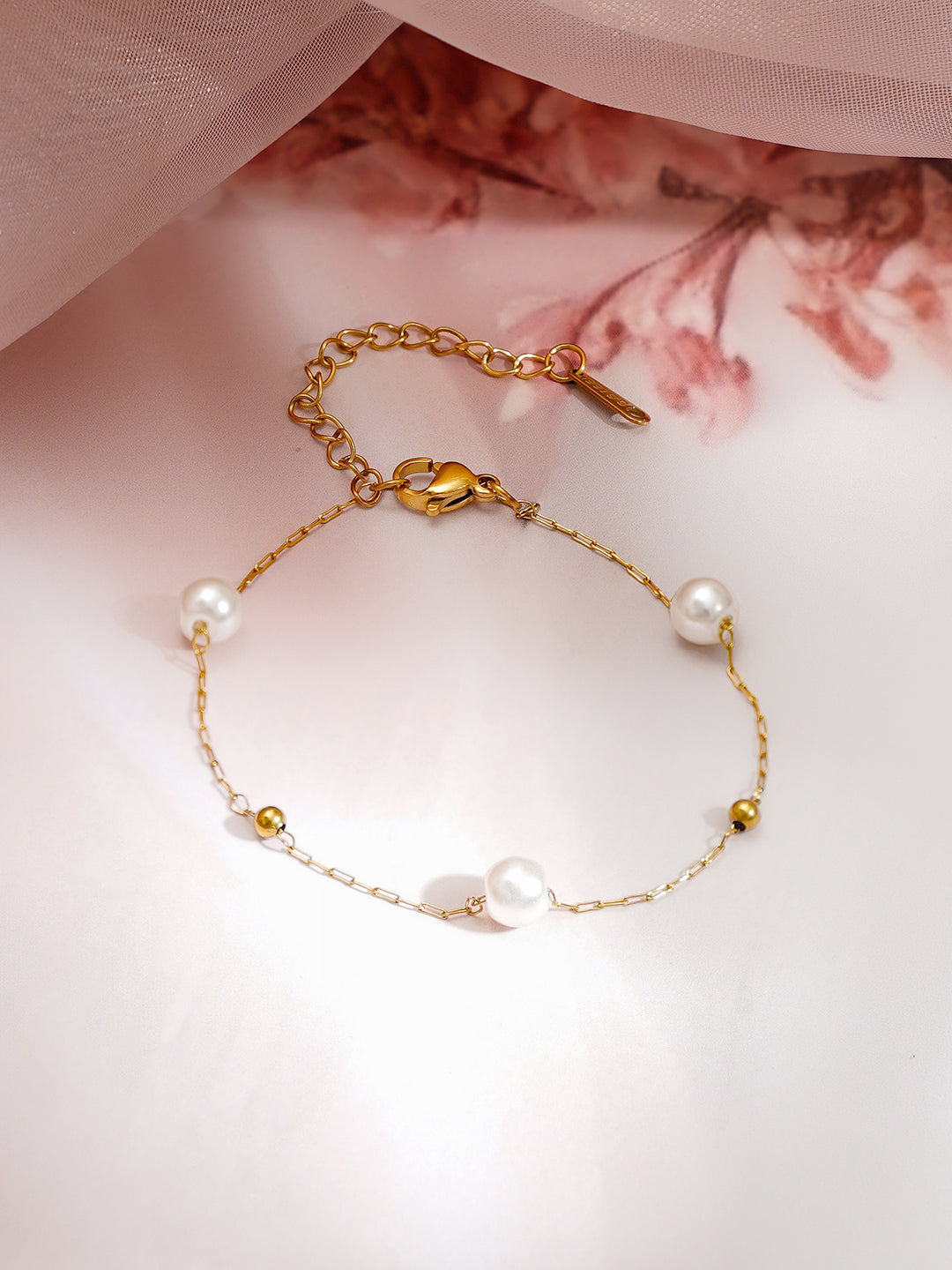 Demi Fine 18K Gold Plated Stainless steel Pearl Beaded Chain Bracelet Length - 8.3 cm
