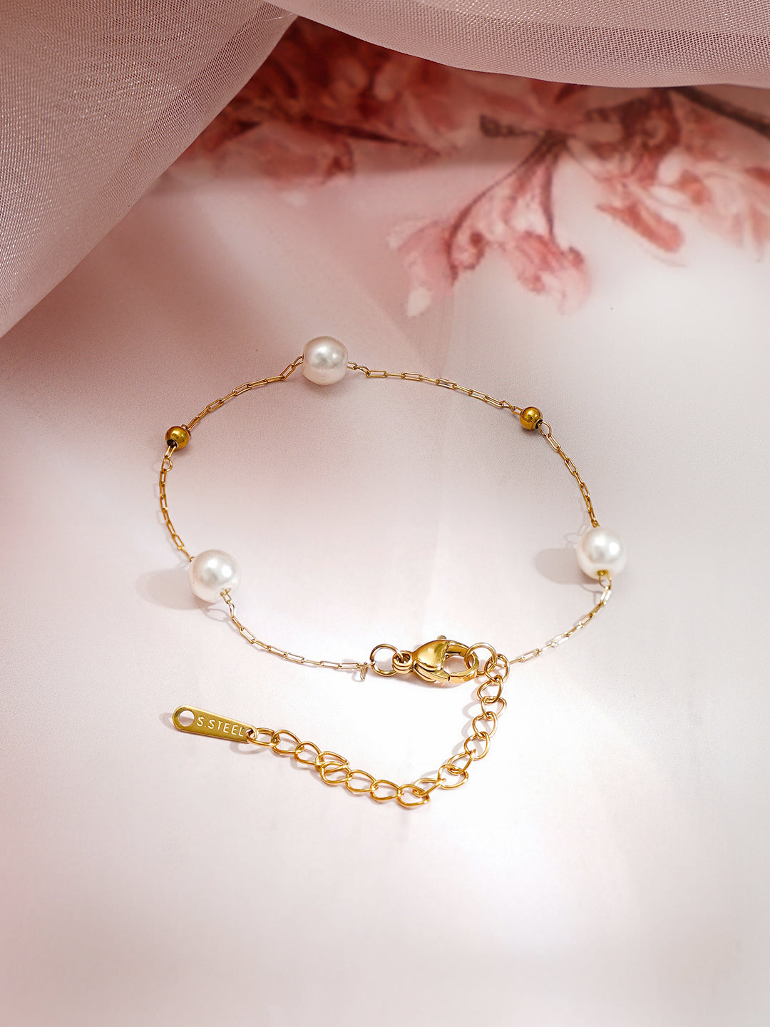Demi Fine 18K Gold Plated Stainless steel Pearl Beaded Chain Bracelet Length - 8.3 cm