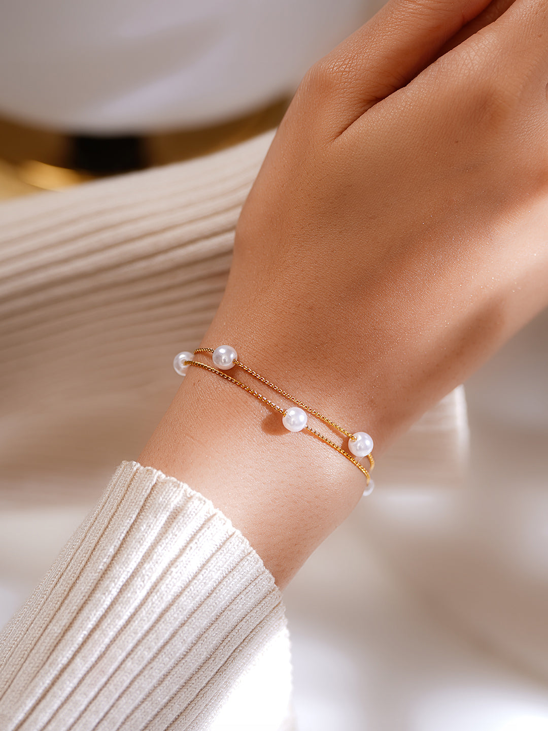 Demi Fine 18K Gold Plated Stainless Steel Pearl Chain Bracelet フリーサイズ