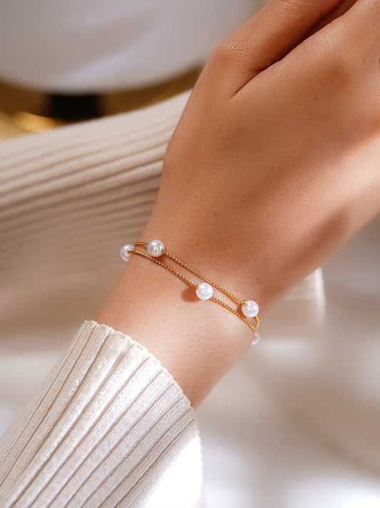 Demi Fine 18K Gold Plated Stainless Steel Pearl Chain Bracelet フリーサイズ