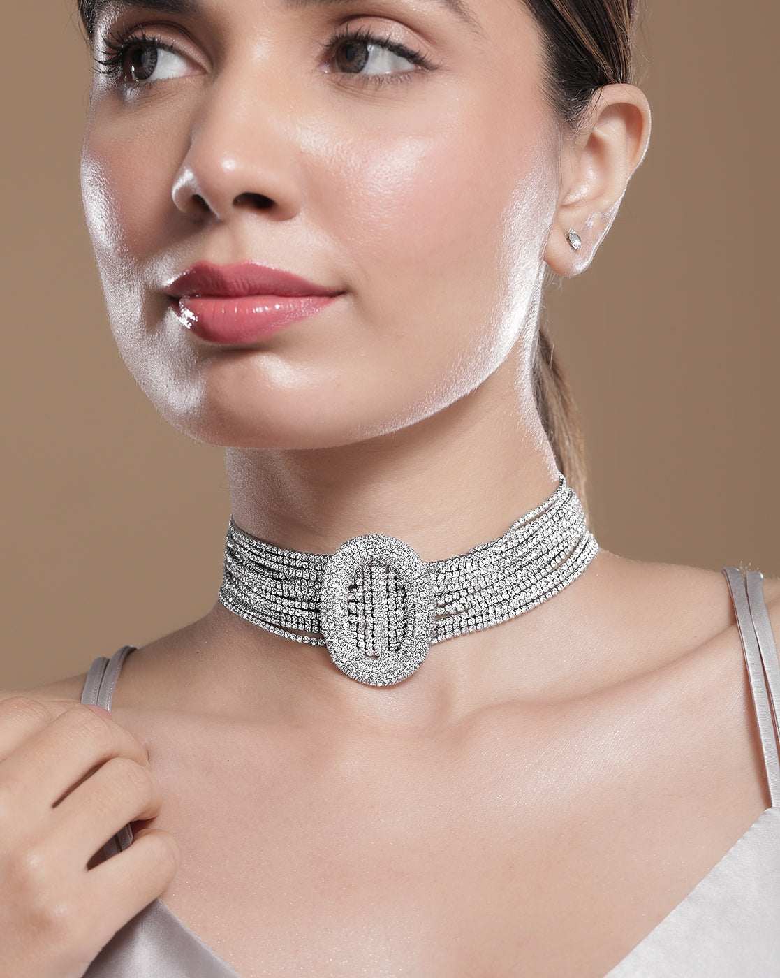 American Diamond Zirconia Mesh Choker Set Silver