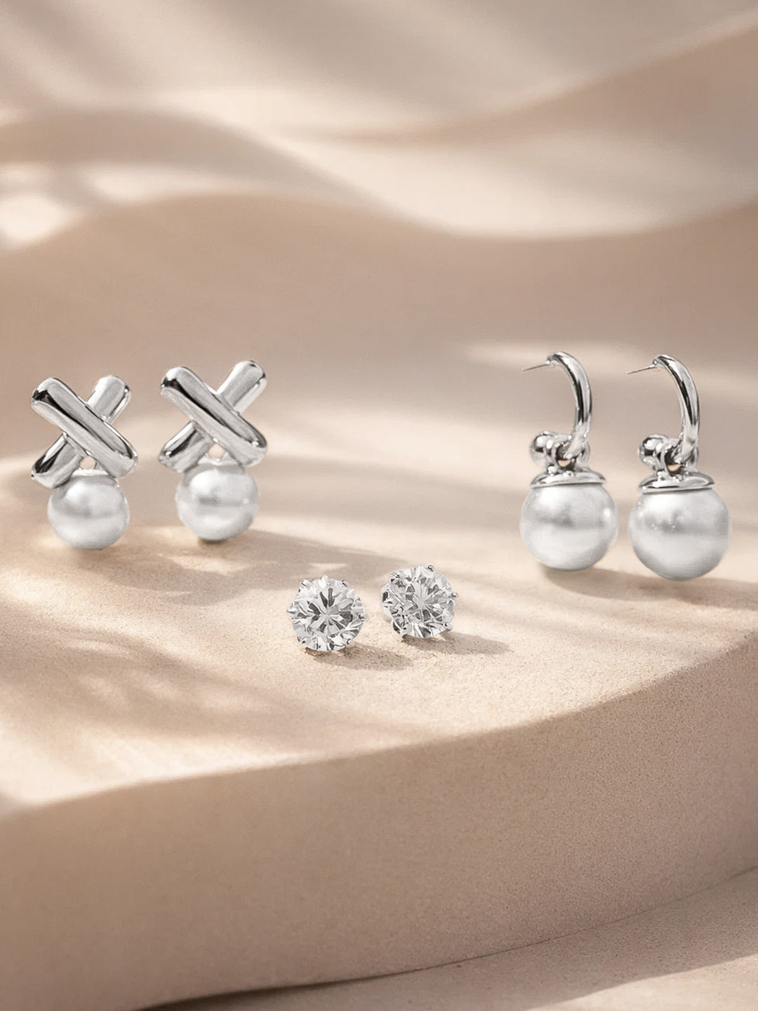 【Rubans】 Silver Tone Pearl Earrings Set of 3｜シルバートーン パール イヤリング 3組セット