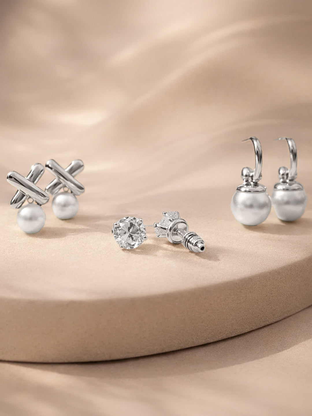【Rubans】 Silver Tone Pearl Earrings Set of 3｜シルバートーン パール イヤリング 3組セット