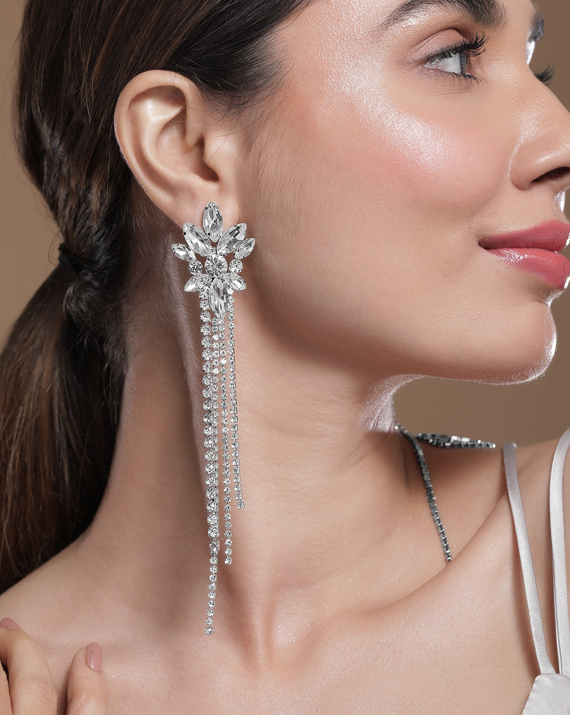 Lustrous Silver Crystal Zirconia Statement Earrings Drop