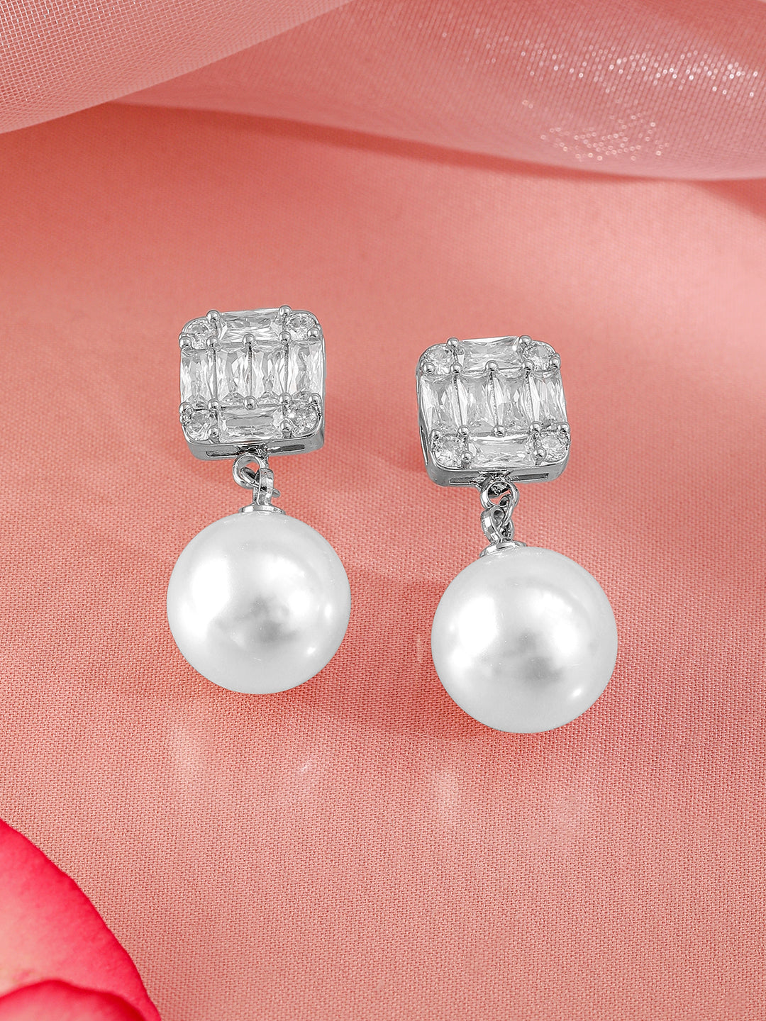 Luxe Pearl American Diamond Zirconia Drop Earrings Silver