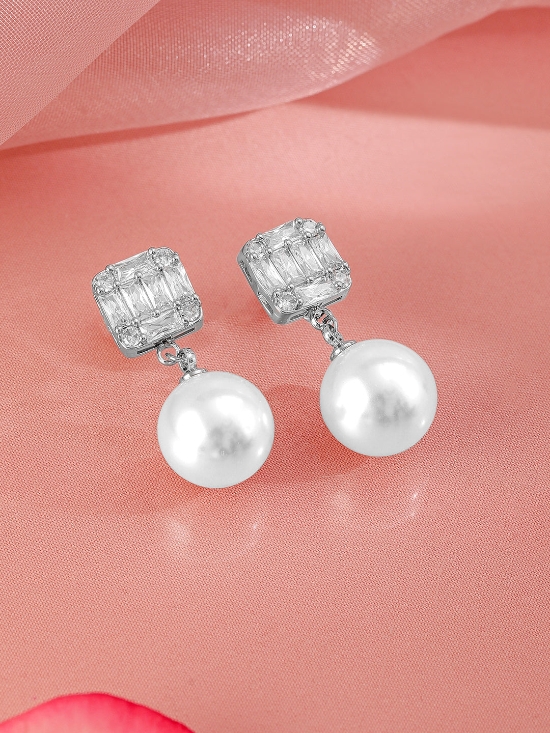 Luxe Pearl American Diamond Zirconia Drop Earrings Silver