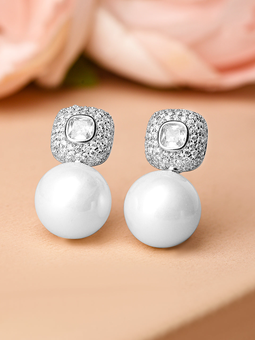 【Rubans】 Rhodium Plated Pearl Drop American Diamond Zirconia Earrings｜ロジウムメッキ パールドロップ アメリカンダイヤモンド イヤリング