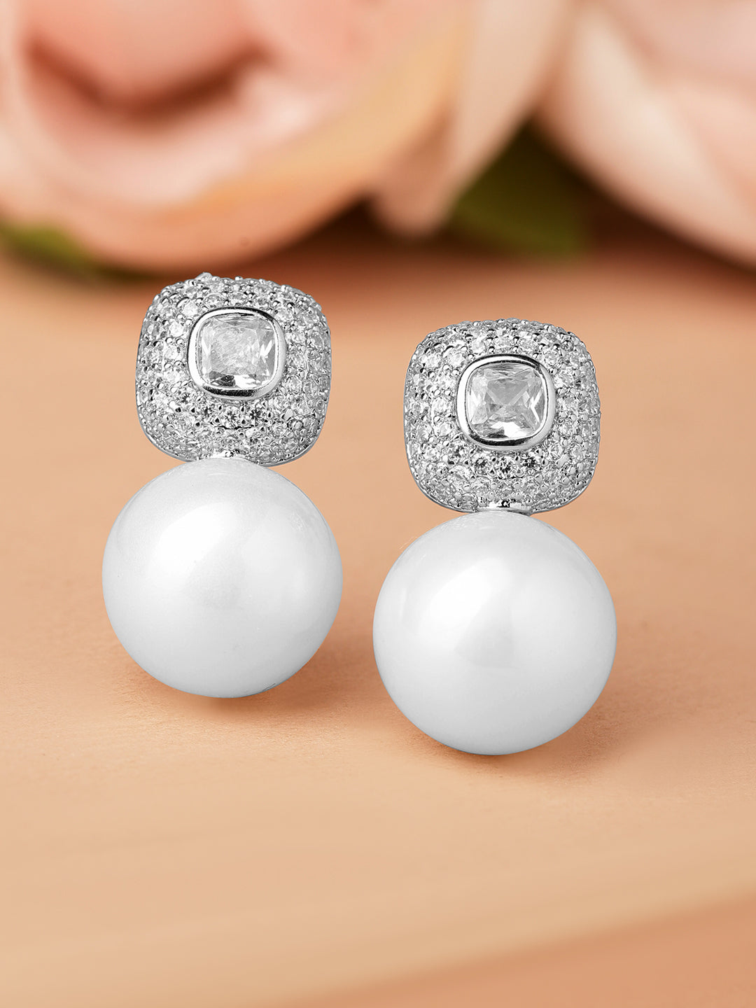【Rubans】 Rhodium Plated Pearl Drop American Diamond Zirconia Earrings｜ロジウムメッキ パールドロップ アメリカンダイヤモンド イヤリング
