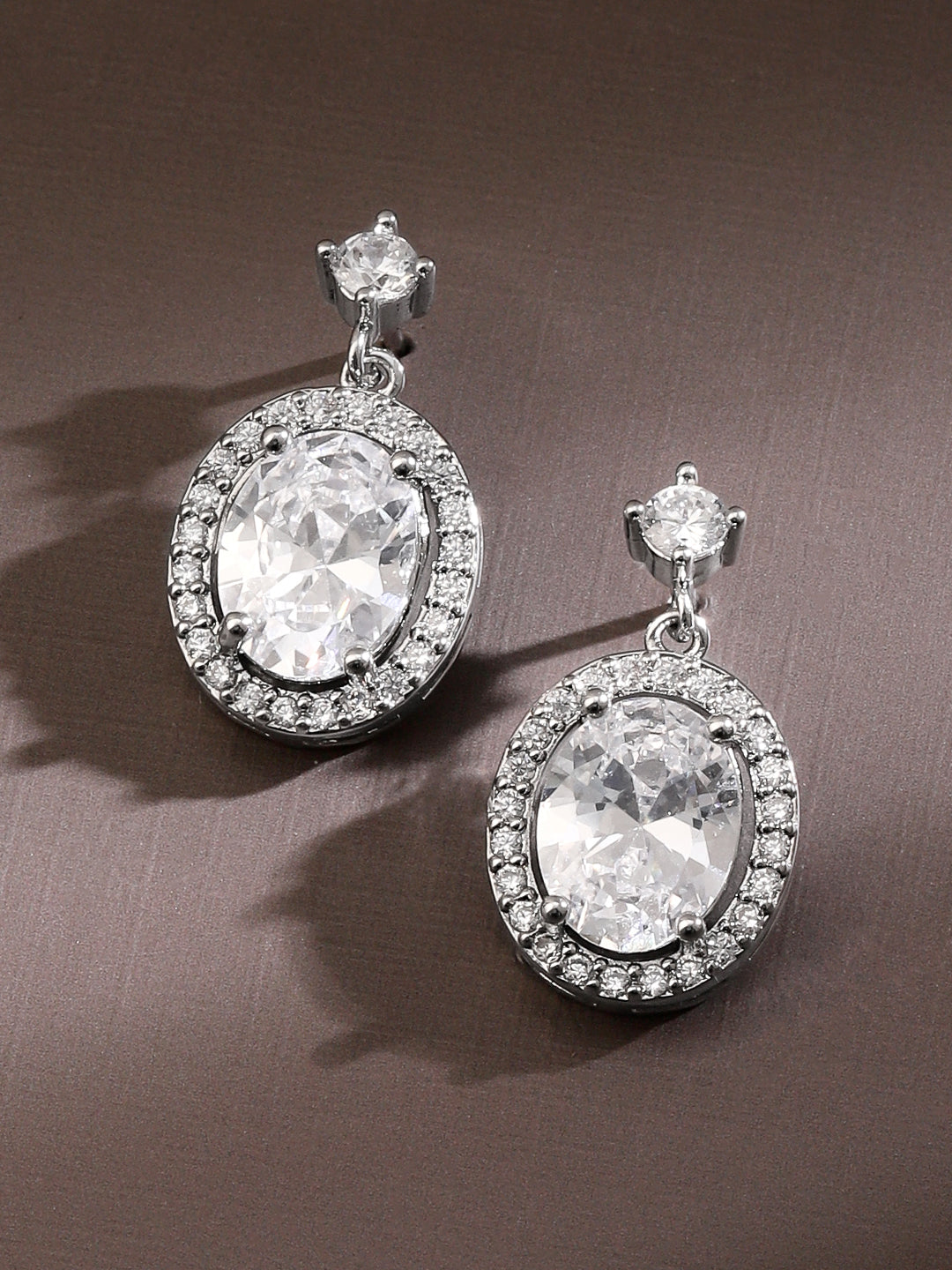 Rhodium Plated American Diamond Zirconia Drop Earrings Silver
