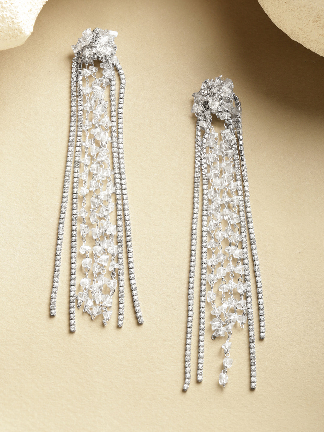Multi-Strand White Crystal Long Tassel Dangler Earrings フリーサイズ