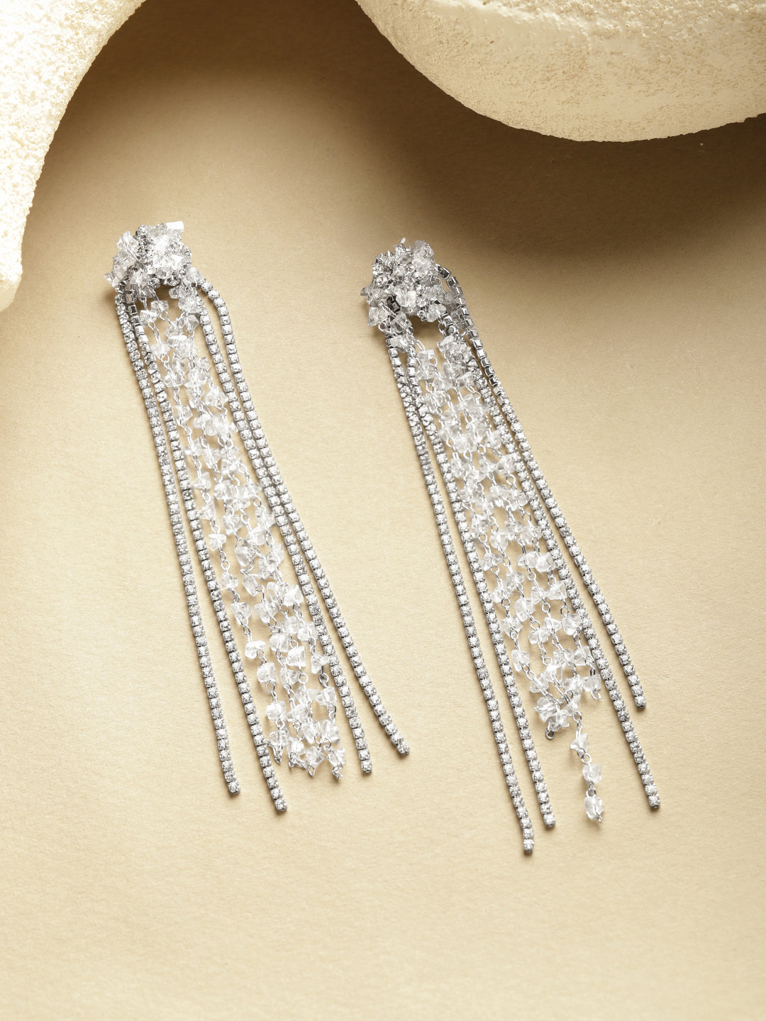 Multi-Strand White Crystal Long Tassel Dangler Earrings フリーサイズ