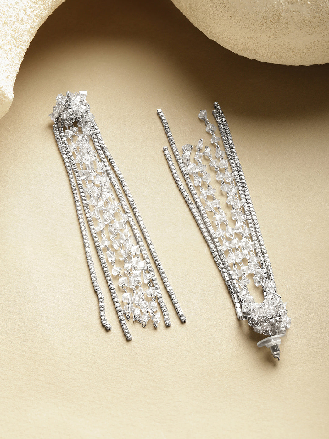 Multi-Strand White Crystal Long Tassel Dangler Earrings フリーサイズ