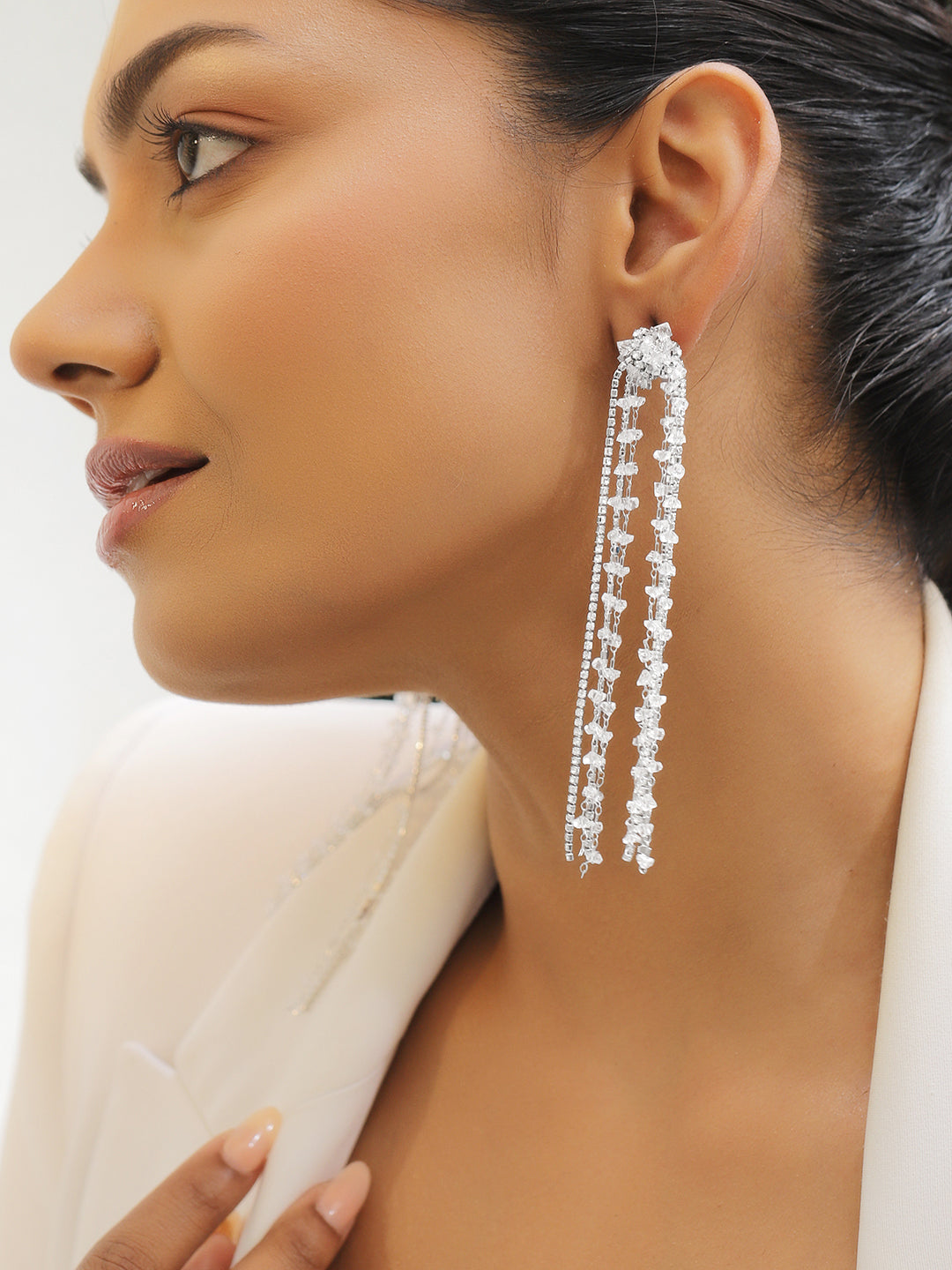 Multi-Strand White Crystal Long Tassel Dangler Earrings フリーサイズ
