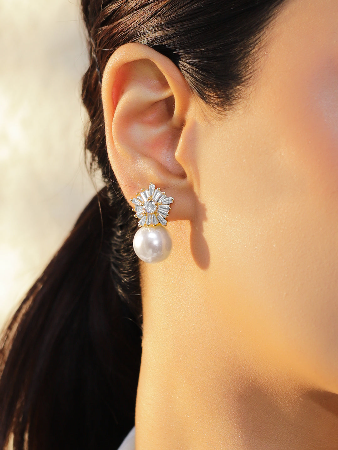 【Rubans】 Snowflake Crystal Pearl Drop Earrings｜スノーフレーク クリスタル パール ドロップイヤリング