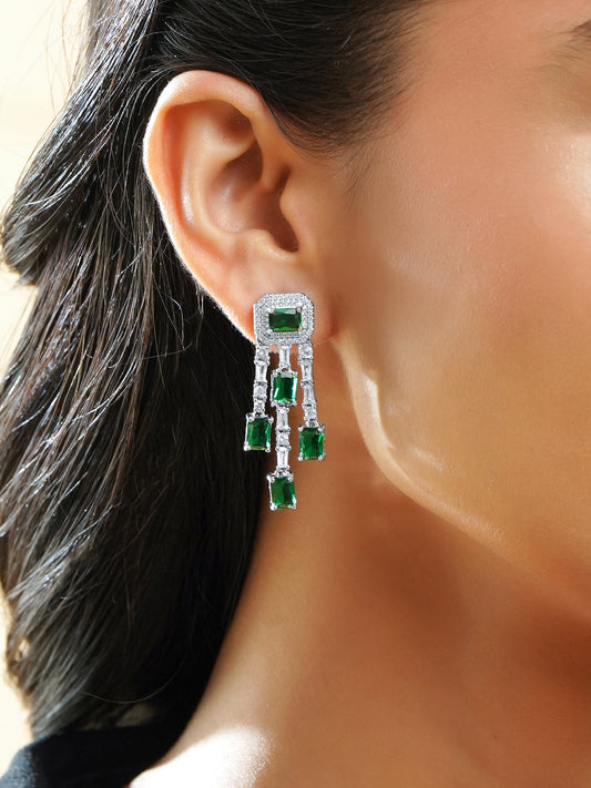 Rubans Rhodium-Plated Emerald Green & White Crystal AD Studded Statement Drop Earrings フリーサイズ