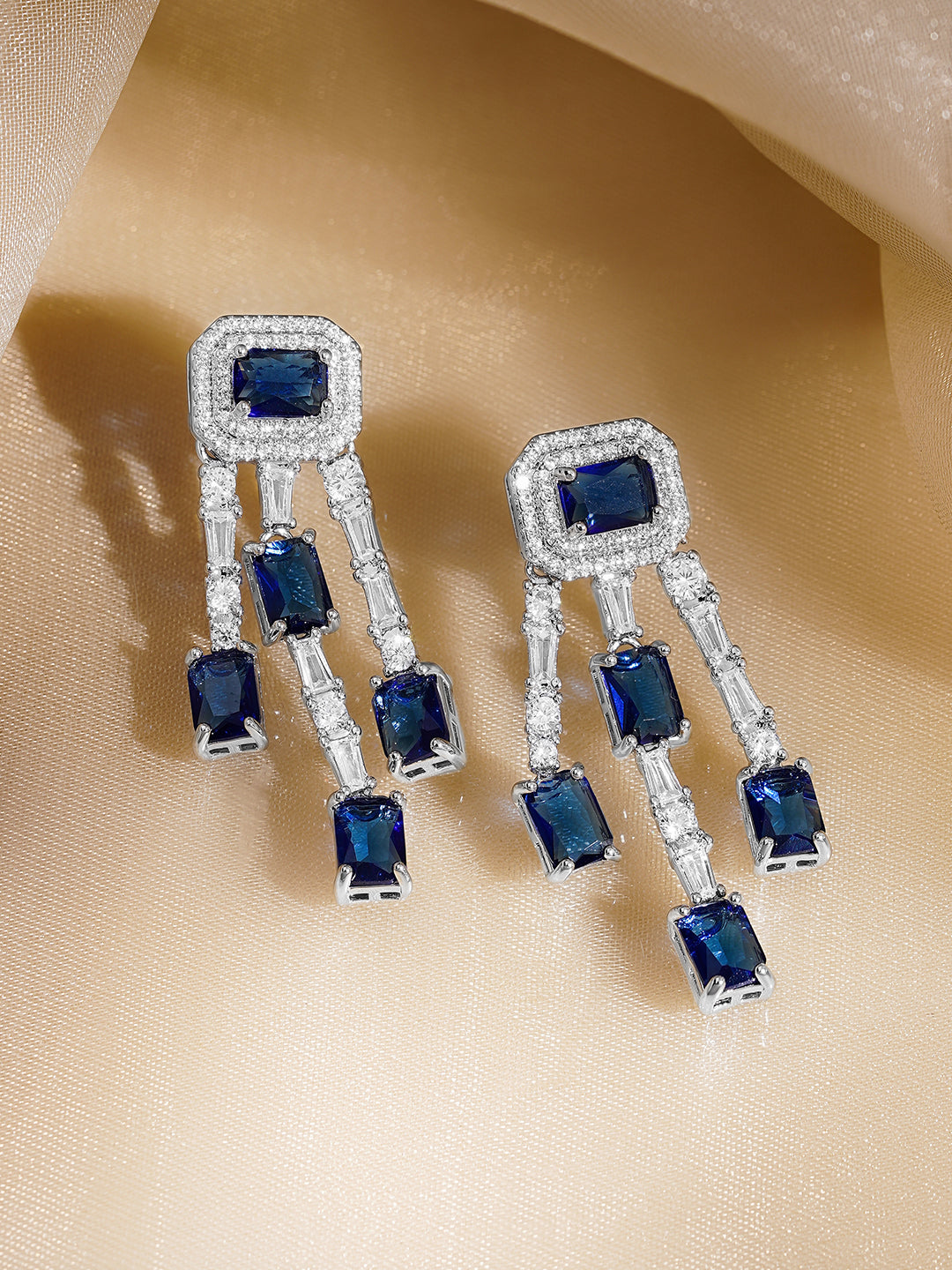 Rubans Rhodium Plated Blue & White Crystal AD Studded Statement Drop Earrings フリーサイズ