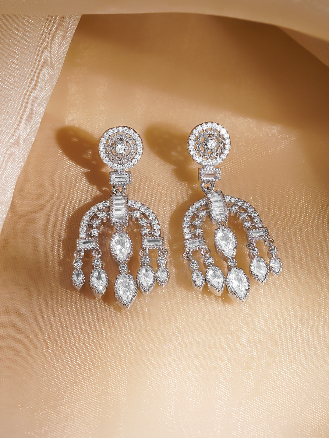 Rubans Rhodium-Plated Arch Chandelier Earrings with Marquise & Teardrop Zirconia フリーサイズ