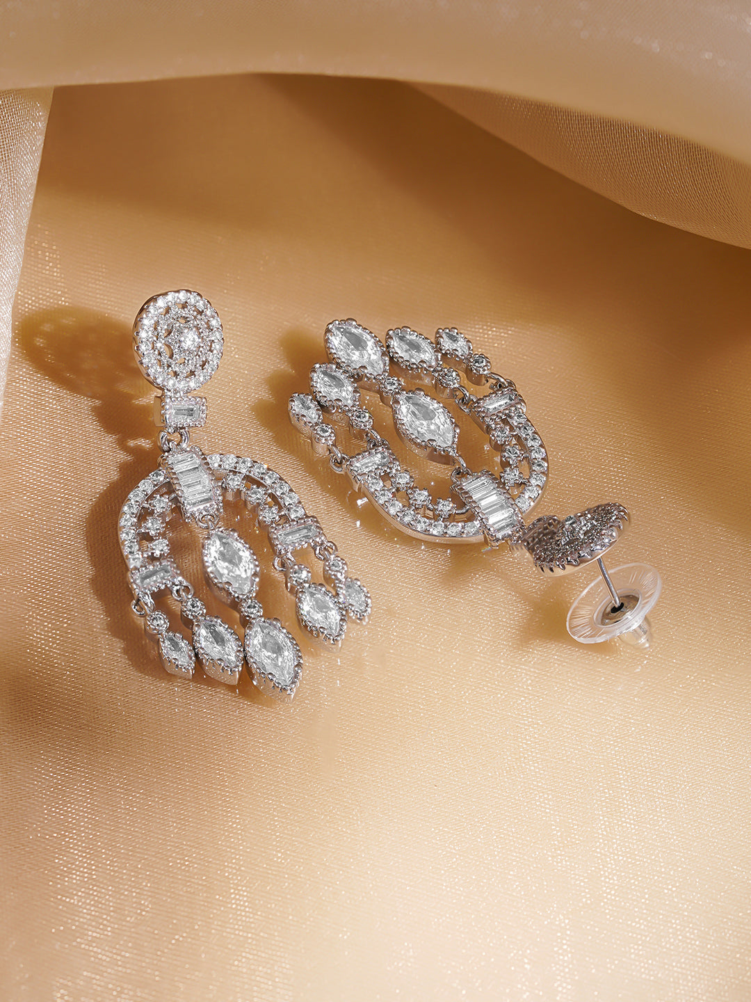 Rubans Rhodium-Plated Arch Chandelier Earrings with Marquise & Teardrop Zirconia フリーサイズ