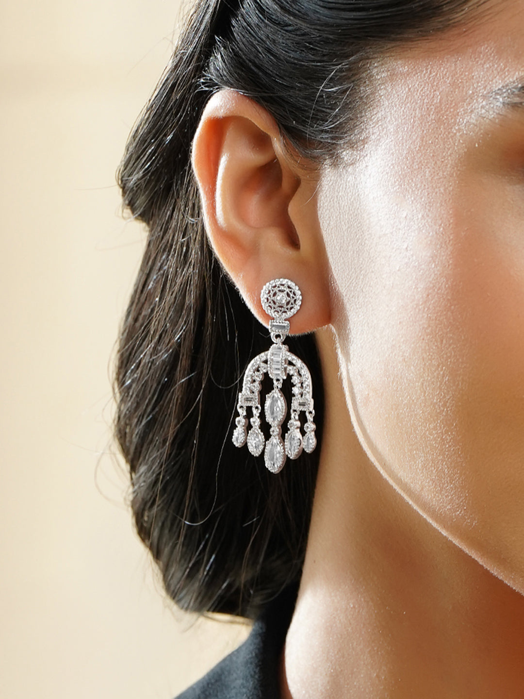 Rubans Rhodium-Plated Arch Chandelier Earrings with Marquise & Teardrop Zirconia フリーサイズ