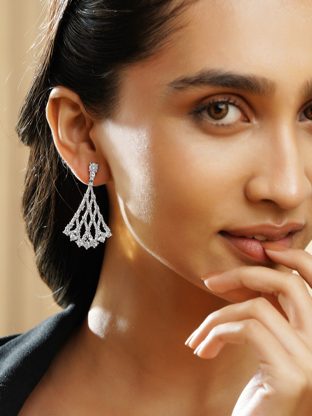 Rubans Rhodium-Plated Lattice Fan Design Cubic Zirconia Dangler Earrings フリーサイズ
