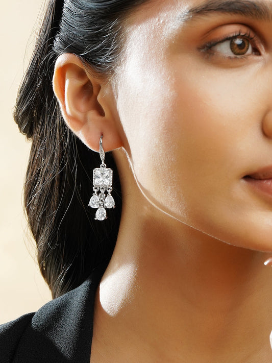 【Rubans】 Rhodium-Plated Square & Pear Crystal Zirconia Stone Elegant Drop Earrings｜ロジウムメッキ スクエア＆ペア クリスタルジルコニア エレガント ドロップイヤリング