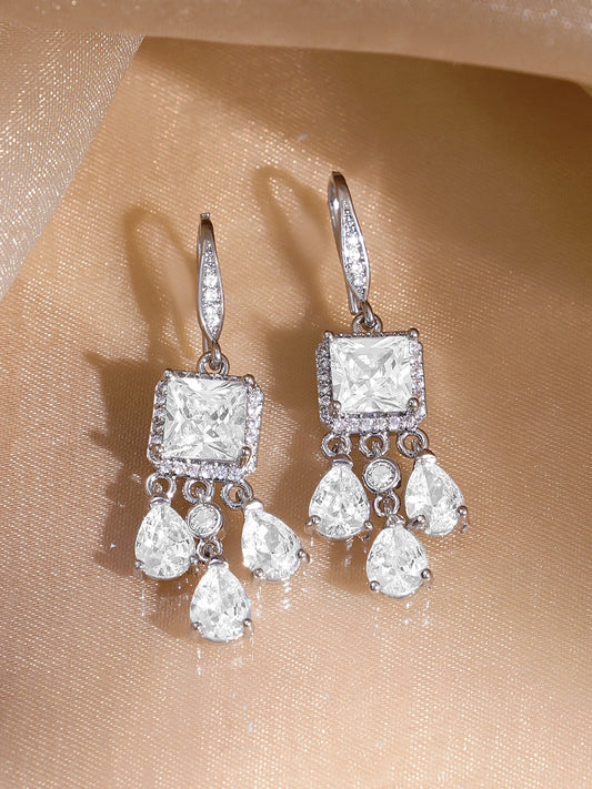 【Rubans】 Rhodium-Plated Square & Pear Crystal Zirconia Stone Elegant Drop Earrings｜ロジウムメッキ スクエア＆ペア クリスタルジルコニア エレガント ドロップイヤリング