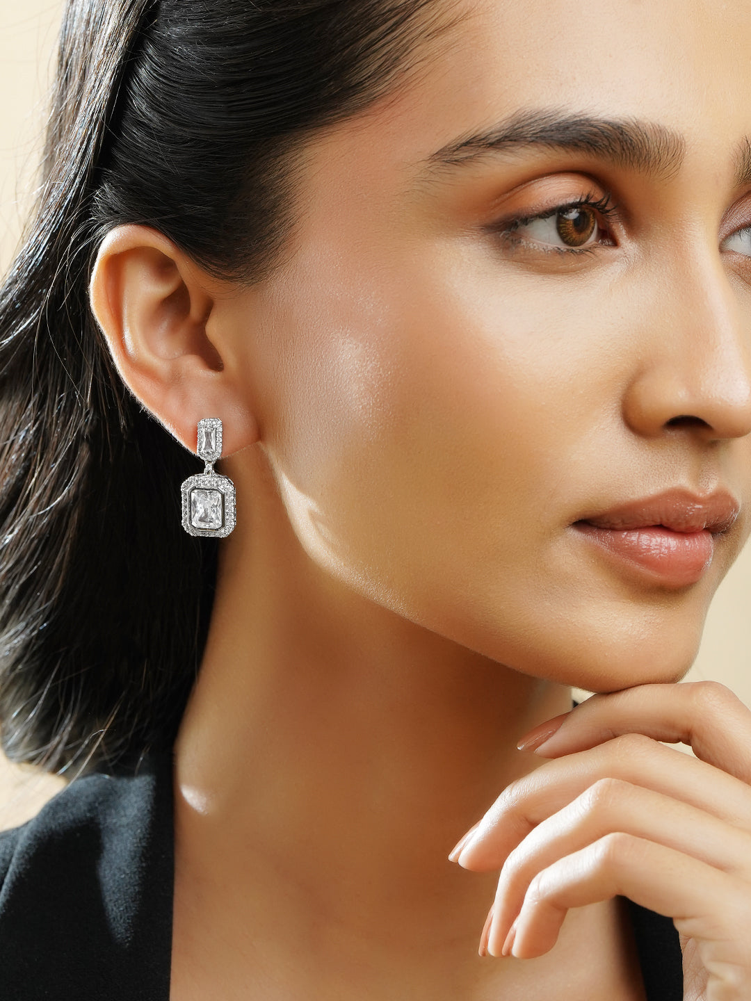 Rubans Rhodium Plated Drop Earrings with Crystal Cubic Zirconia Sparkling Stones フリーサイズ