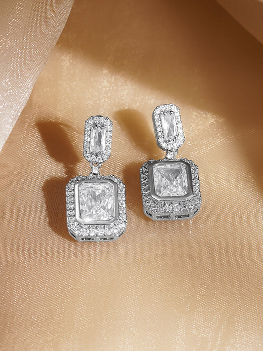 Rubans Rhodium Plated Drop Earrings with Crystal Cubic Zirconia Sparkling Stones フリーサイズ