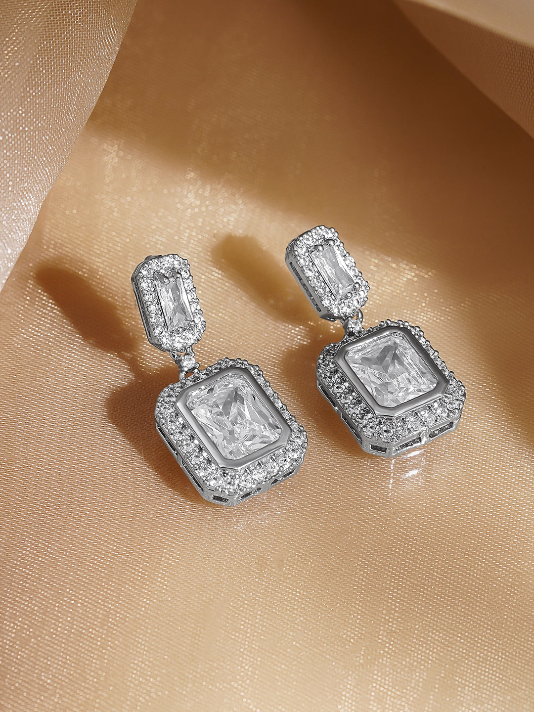 Rubans Rhodium Plated Drop Earrings with Crystal Cubic Zirconia Sparkling Stones フリーサイズ