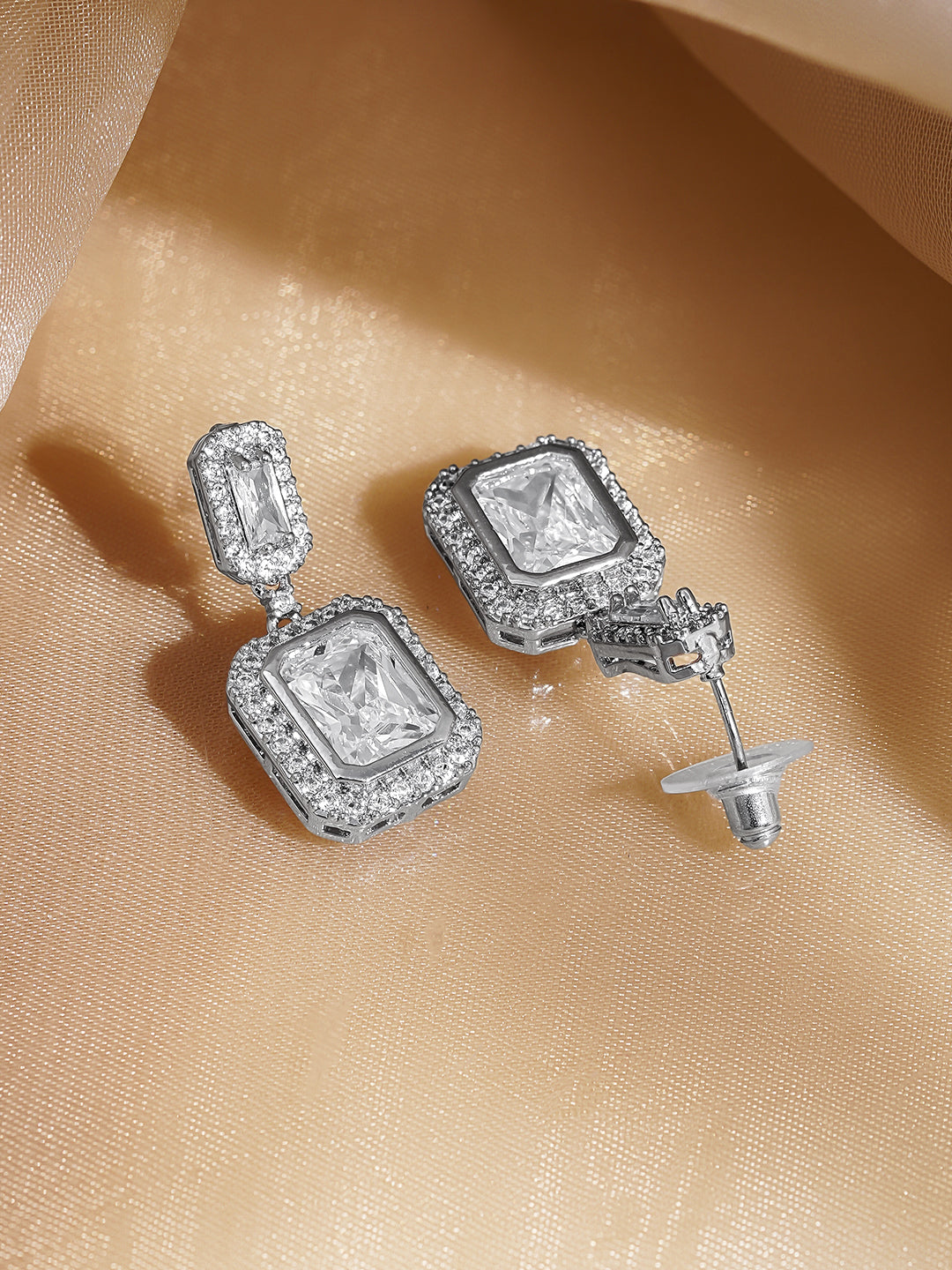 Rubans Rhodium Plated Drop Earrings with Crystal Cubic Zirconia Sparkling Stones フリーサイズ