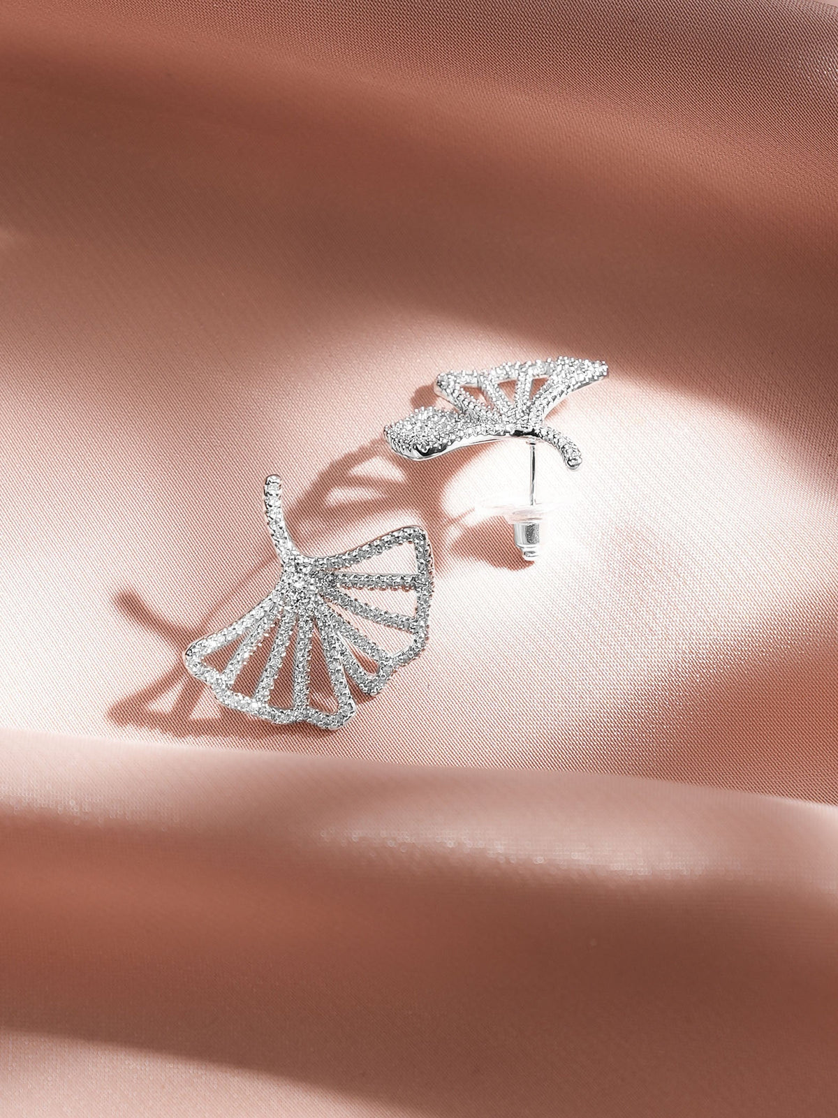 Rubans Rhodium-Plated White Crystal AD Open Fan Motif Stylish Statement Stud Earrings フリーサイズ
