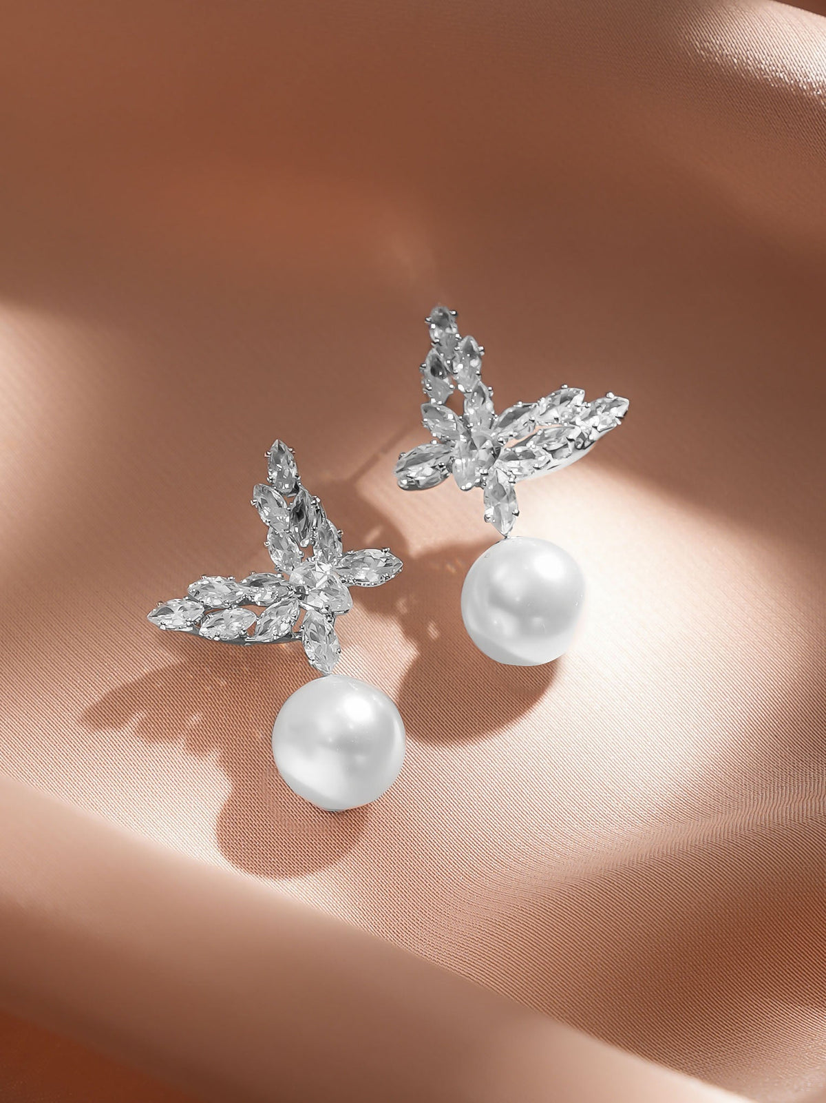 Rubans Rhodium Plated Butterfly Marquise Crystal & Pearl Drop Elegant Earrings フリーサイズ