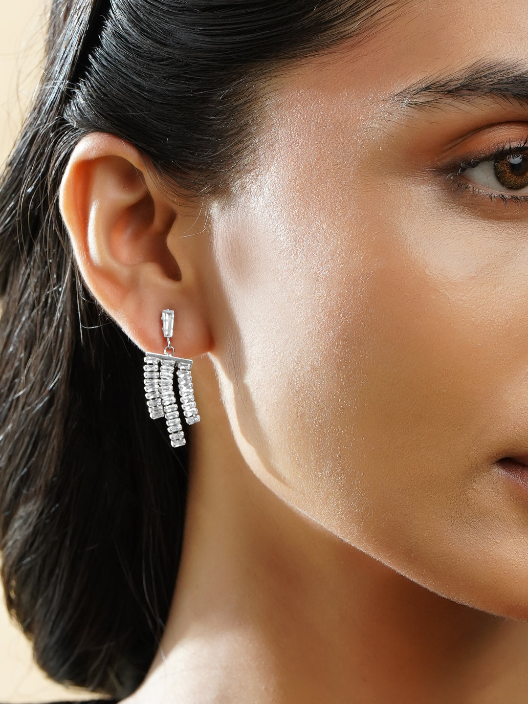 Rubans Rhodium-Plated Crystal Zirconia Embellished Multi-Tassel Statement Earrings フリーサイズ