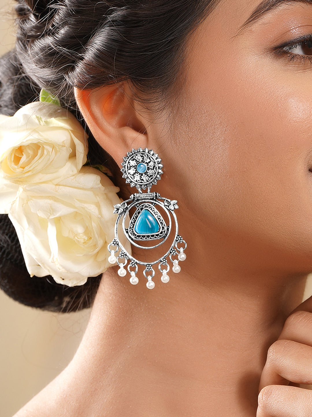 Moonlit Blue Pearl Oxidised Drop Earrings フリーサイズ