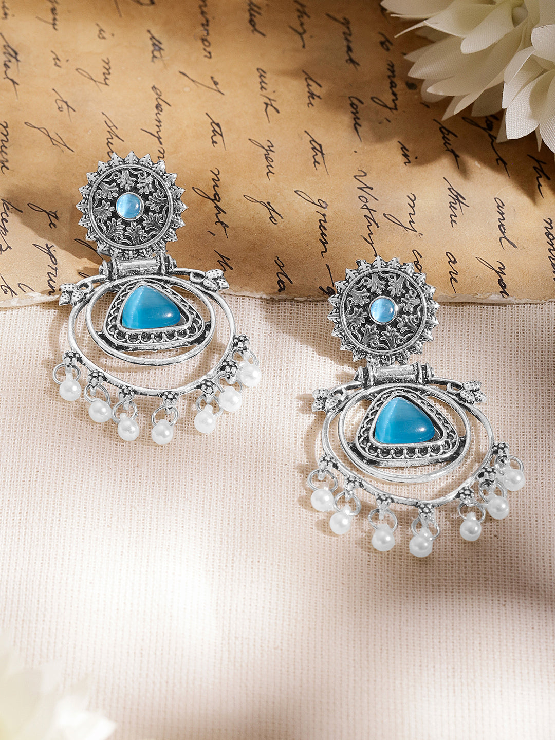 Moonlit Blue Pearl Oxidised Drop Earrings フリーサイズ
