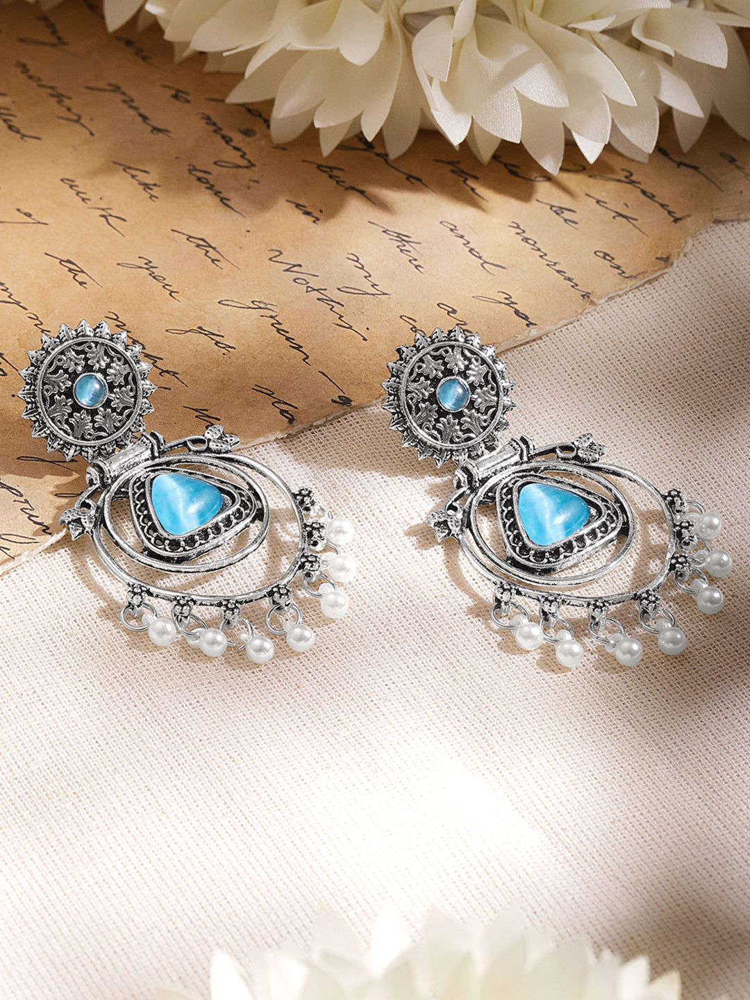 Moonlit Blue Pearl Oxidised Drop Earrings フリーサイズ