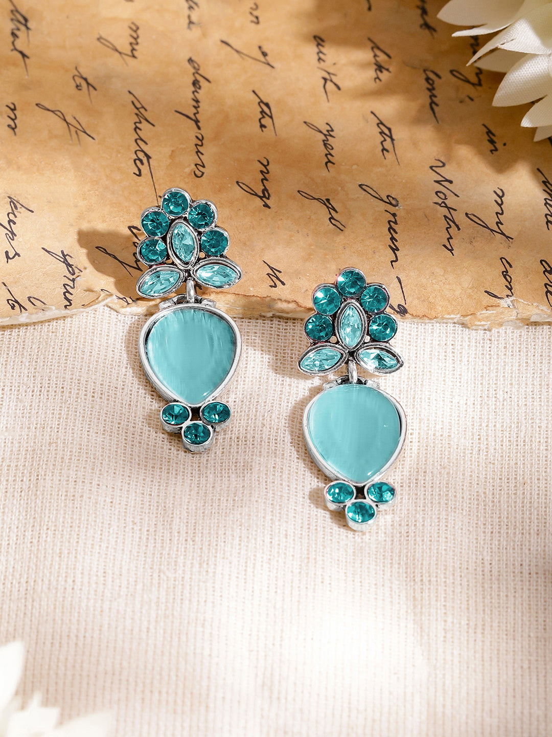 Oxidised Teal Blue Elegance Drop Earrings フリーサイズ
