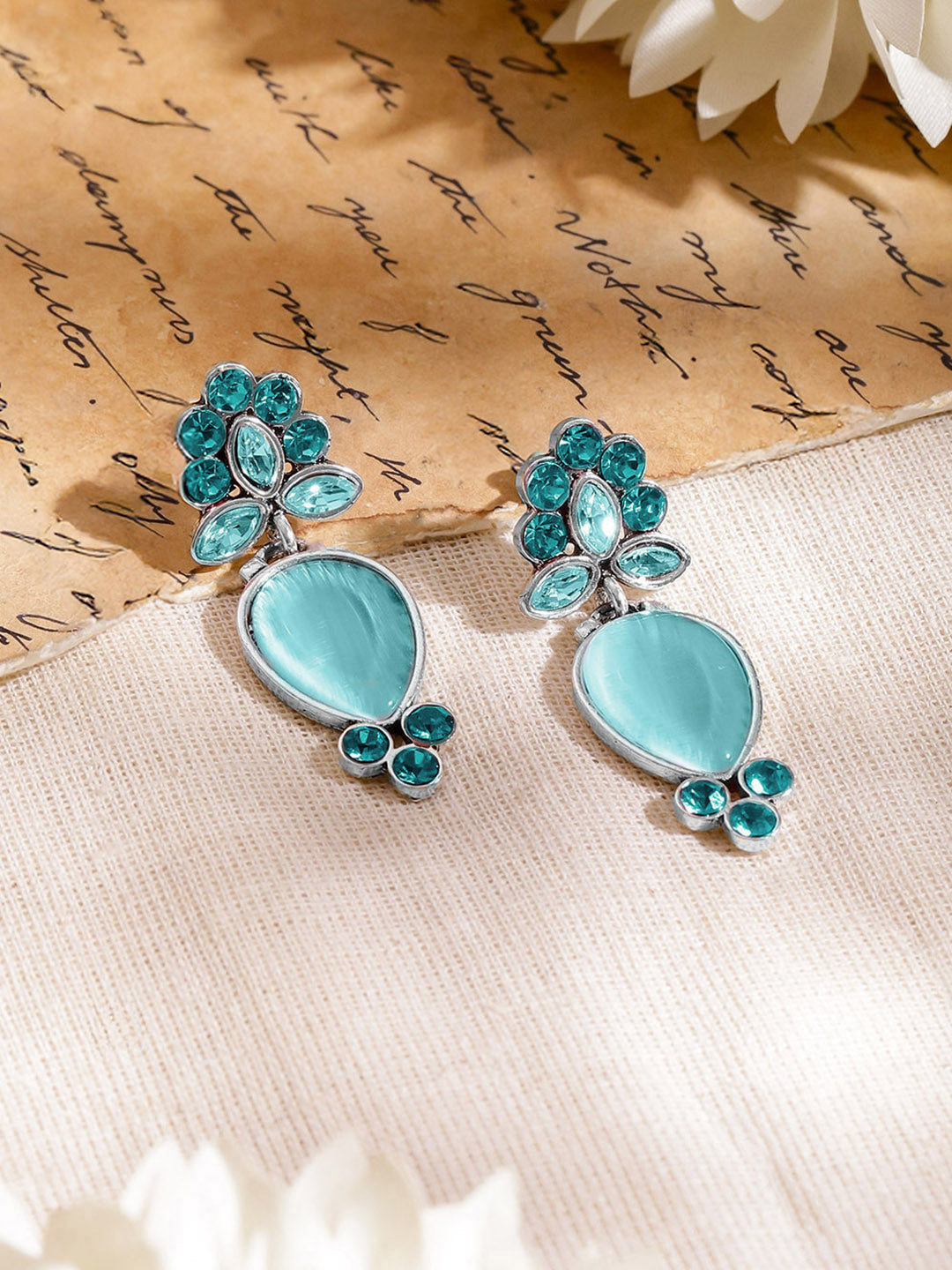 Oxidised Teal Blue Elegance Drop Earrings フリーサイズ
