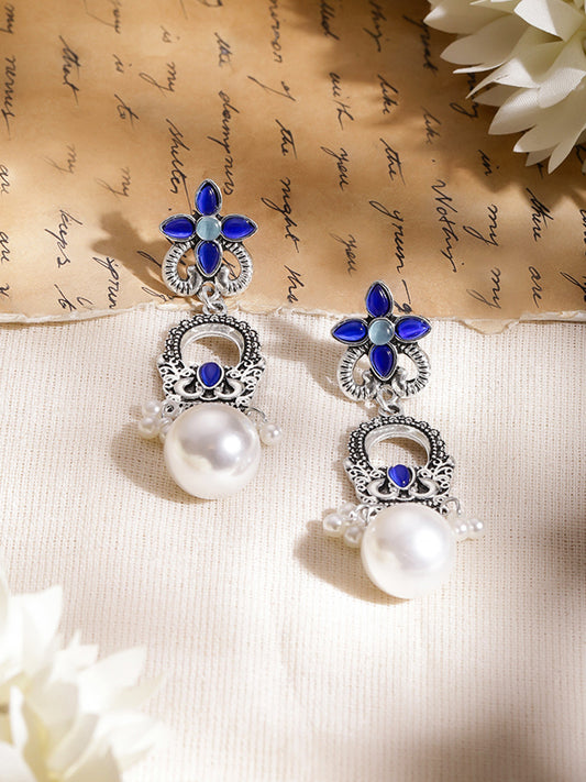 Moonlit Blue Petal Oxidised Pearl Earrings フリーサイズ